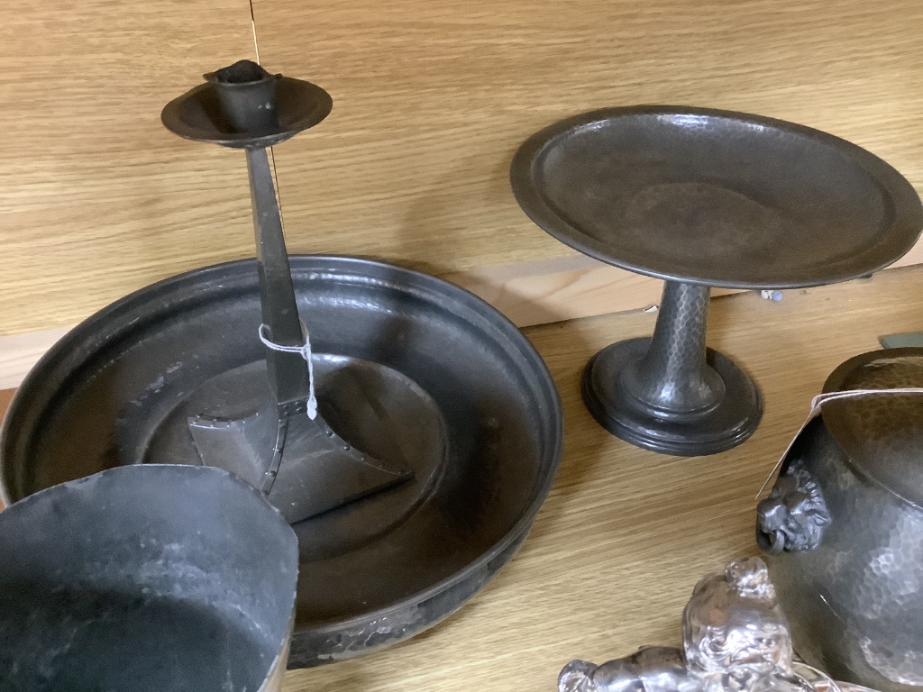 Tudric pewter wares - a Rose Bowl, a comport, a jar and cover, a vase and a three-piece cruet set and other Arts and Crafts and Art Nouveau pewter wares